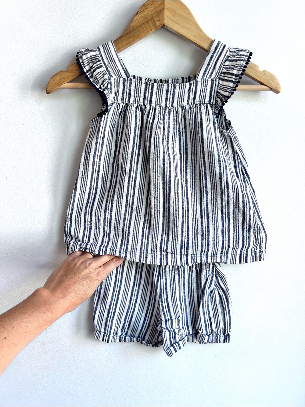 Navy & White Linen Blend Striped Sleeveless Dressy Tank Top with Elastic Waist